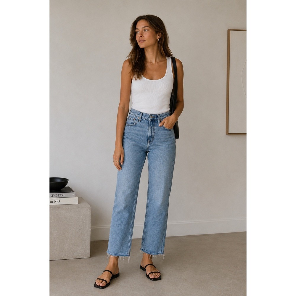 Abercrombie & Fitch 90s Relaxed Jeans High Rise Frayed Hem Straight Leg Sz 26 2R